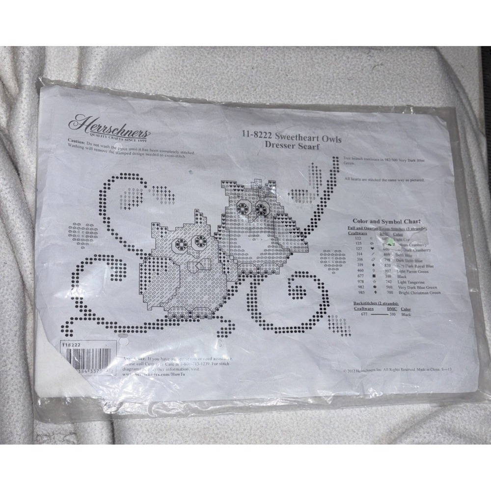 Herrschners SWEETHEART OWLS Cross Stitch Vintage Dresser Scarf 11-8222 New